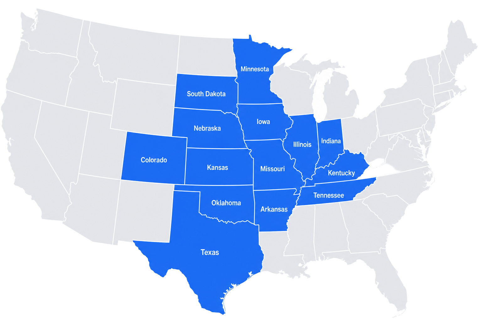 Map of the Midwest United States showing 4 Peaks service area: Nebraska, Iowa, Kansas, Missouri, South Dakota, Minnesota, Oklahoma, Arkansas, Colorado, Illinois, Texas, Indiana, Kentucky, Tennessee